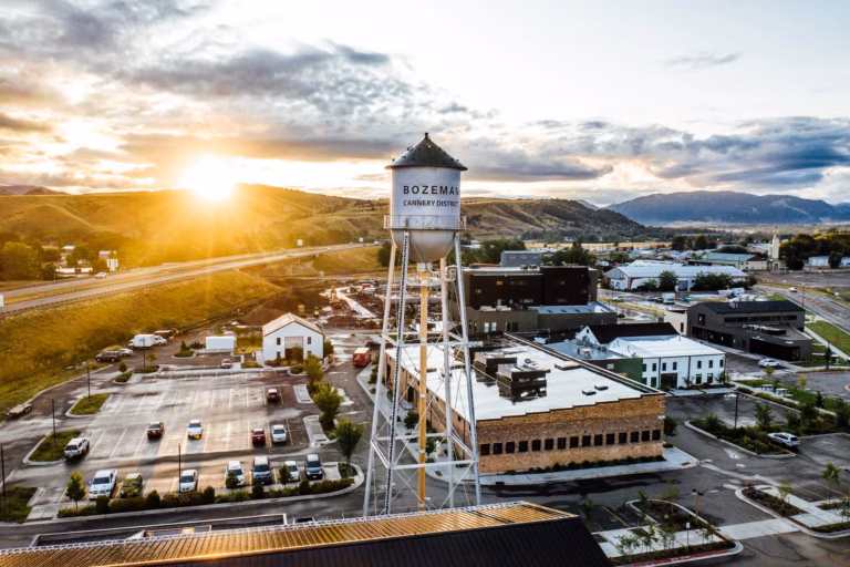 Aerial view of the Cannery District in Bozeman, Montana at sunset